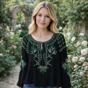 NEW Anthropologie RD & Koko Embroidered Beaded Bohemian Peasant Blouse XL